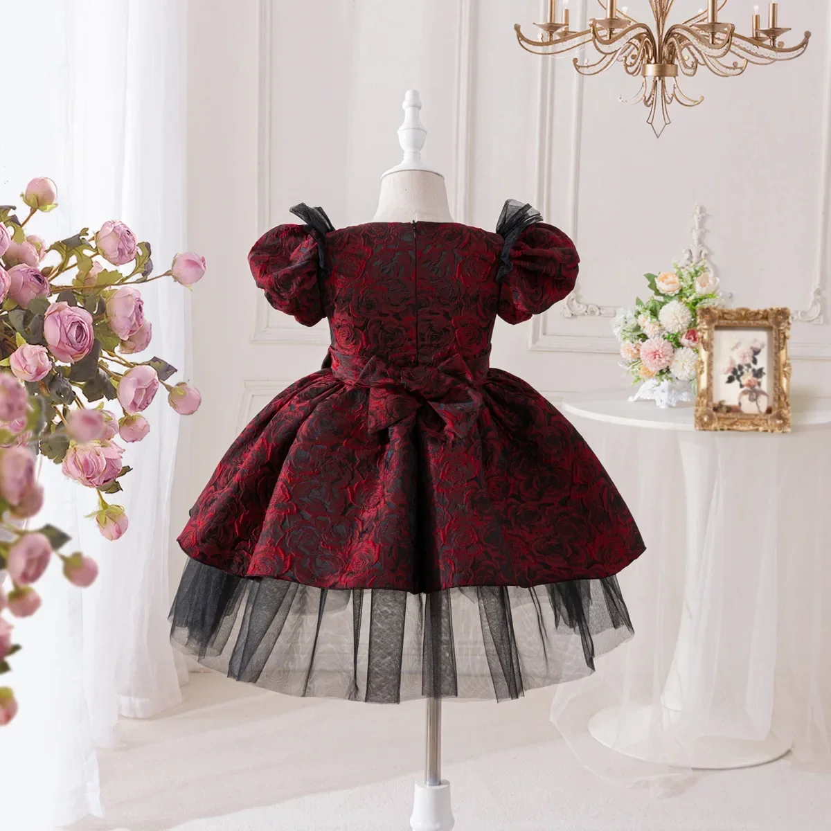 Kid Puff Sleeved Vintage Style Jacquard Dress Contrast Tulle Layered Girl Skirt Flower Accent Sheer Illusion Neckline Children