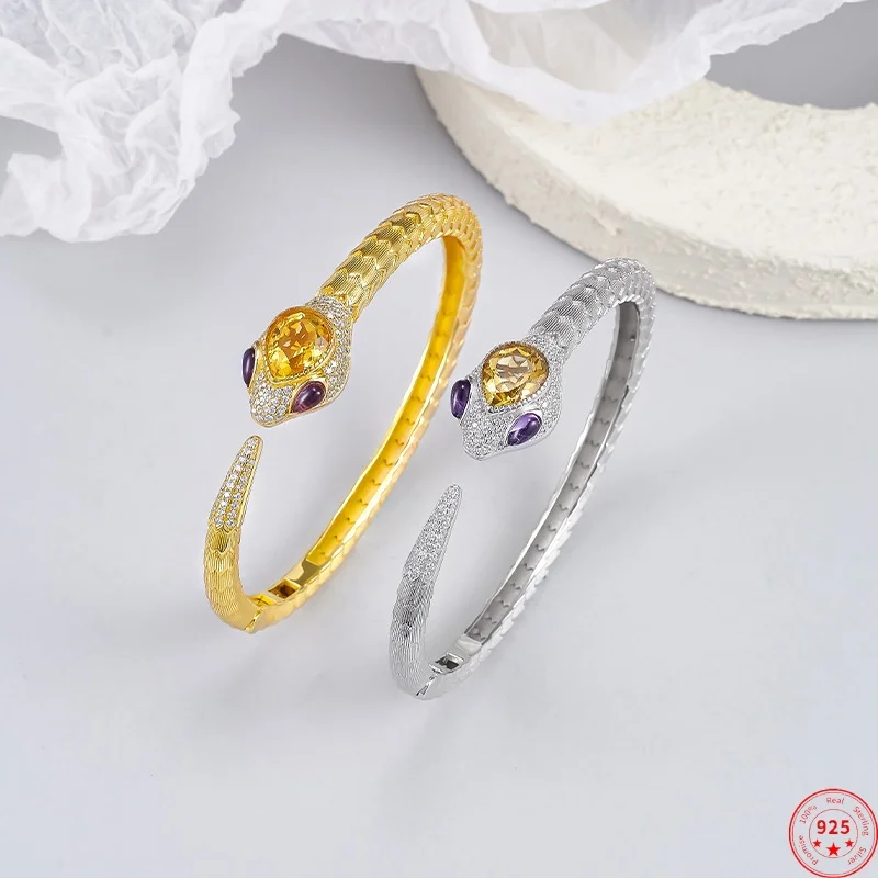 

S925 Sterling Silver Charms Bracelet for Women Gold Plated Inlaid Amethyst Citrine Zircon Zodiac Spirit Snake Bangle Wholesale