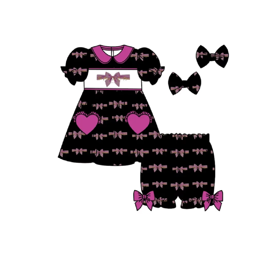Wholesale Girls Pajama Shorts Two-piece Bowknot Toddler Girls Letter Cherry Print Pajama Set
