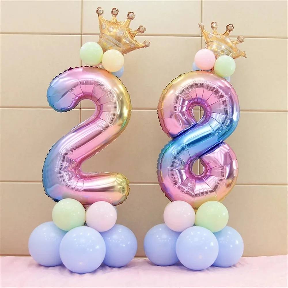 Rainbow Number Foil Balloon set 30inch 1 2 3 4 5 6 7 8 9 Crown Balloon Wedding Decorations Happy Birthday Unicorn Party Supplies