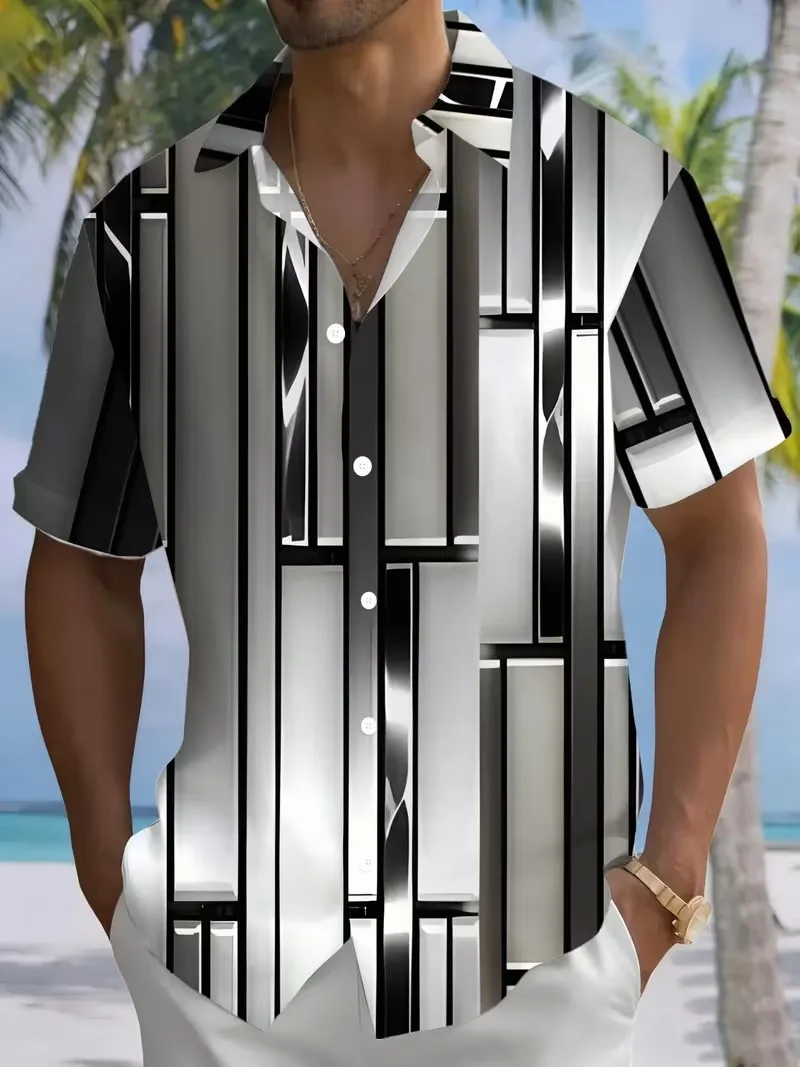

Men's Black White Vertical Stripe Hawaiian Shirt 3D Geometric Print Short Sleeve Button Down Aloha Shirts Modern Beach Shirt