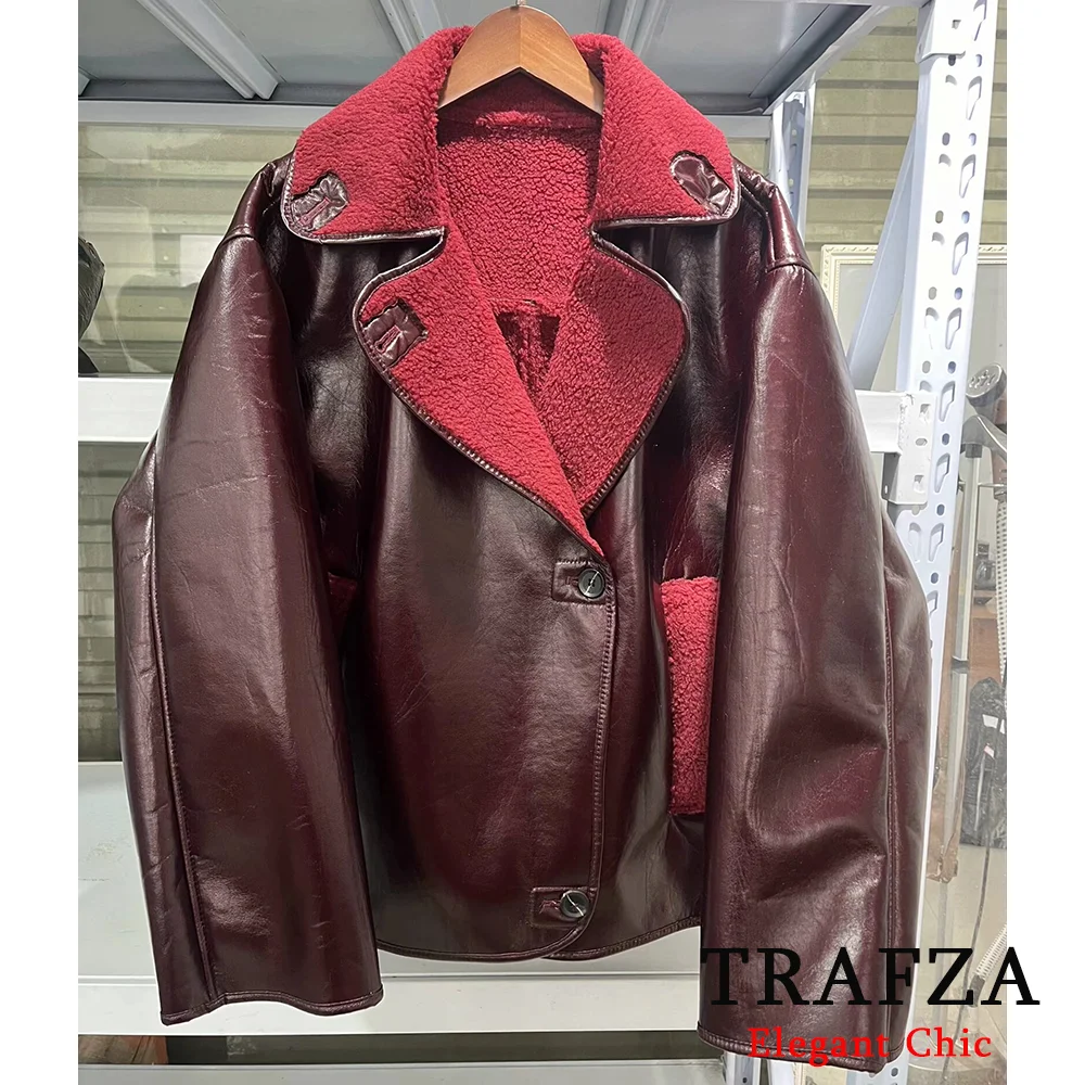 Trafza feminino outono inverno borgonha casaco de lapela vintage novo 2025 moda retro solto casaco de couro único breasted