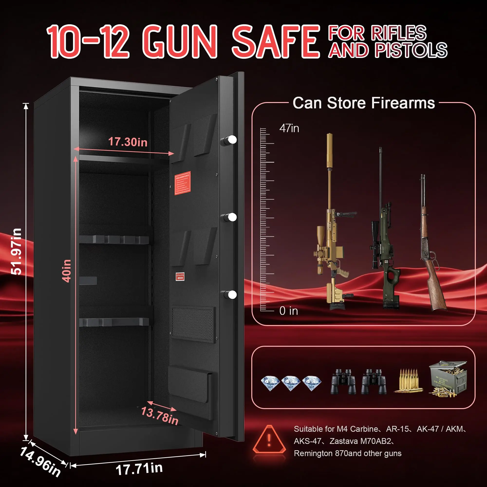 8-10 Gun Safe, Rifle Safe with 3 Quick‑Access Entry Modes, Gun Cabinet with Silent & Alarm Mode, Gun Safe for Rifles