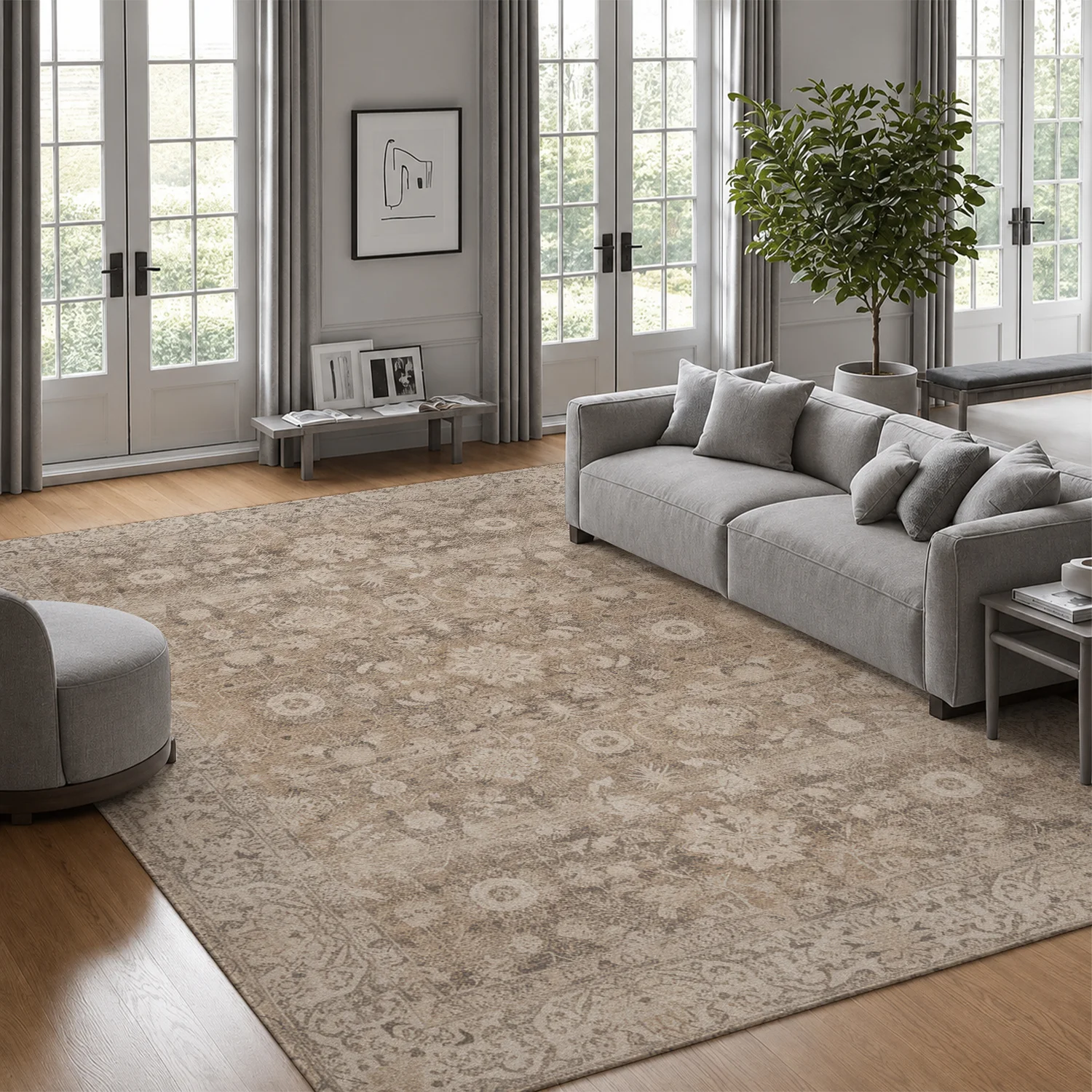 Large Indoor Area Rug Soft Velvet Low Pile Non-Slip Dotted Backing Machine Washable Vintage Neutral Beige Traditional Pattern for Living Room and Bedroom