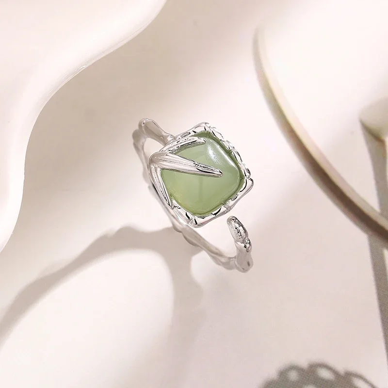 Bamboo Node Leaf Square Green Jade Graceful Sweet Metal Opening Adjustable Ring for Women Fashion Jewelry Minimalist Accessories