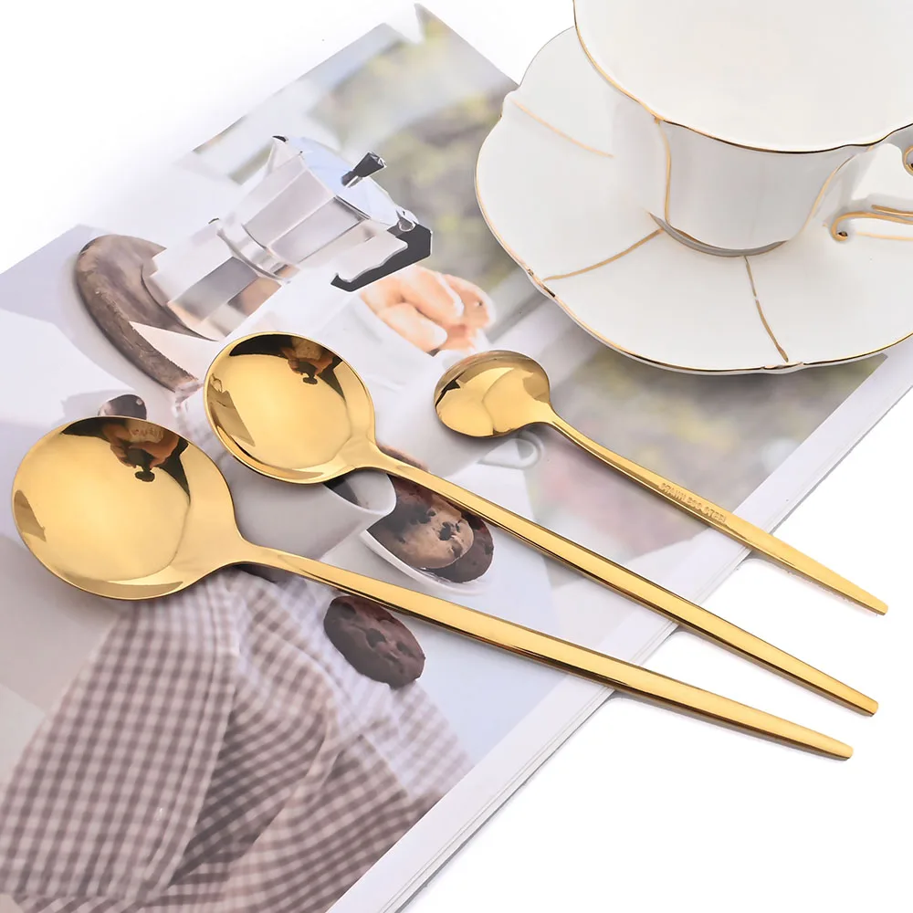 10Pcs Gold Dinnerware Sets Knife Fork Long Handle Spoons Dessert Flatware Mirror Cutlery Stainless Steel Tableware Silverware