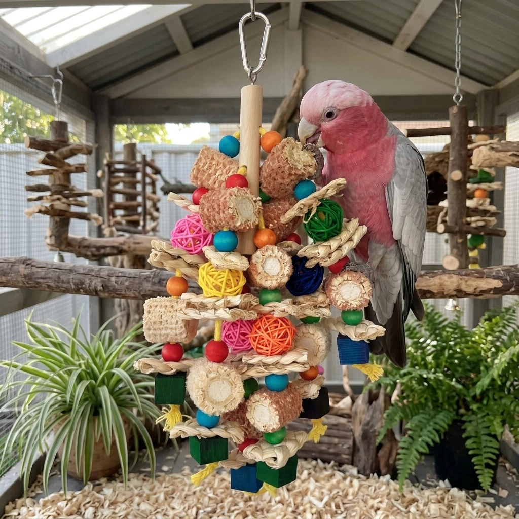 Papageienspielzeug Bunter Holzball aus Maisstroh für Vogelkäfig-Unterhaltung Schnabelschleifspielzeug aus Naturholz Langlebiges Stressabbau-Spielzeug – Detail 8