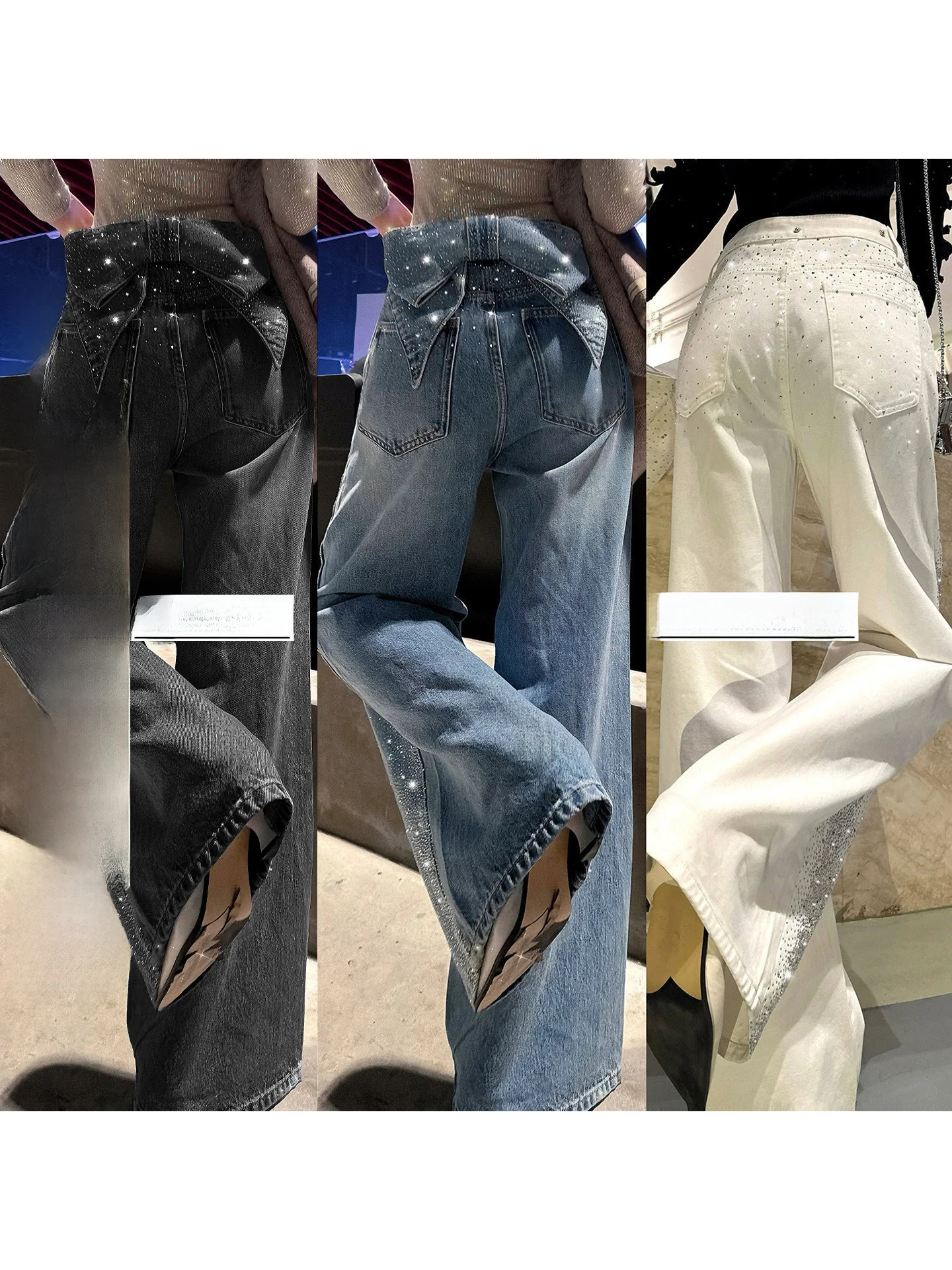 

Lililiwj Original Cotton Removable Knot Rhinestone Mid-Waist Jeans Women's Four-Season Slimming Long Pants