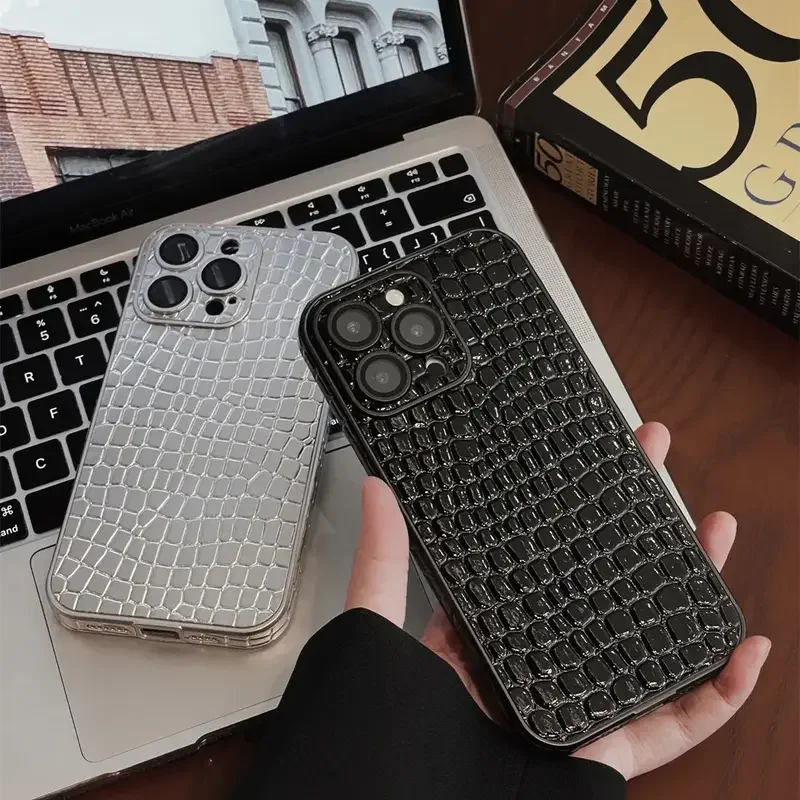 

Luxury camera protection black silver crocodile pattern texture PU leather phone case for iPhone 15 14 13 12 11 pro Max cover