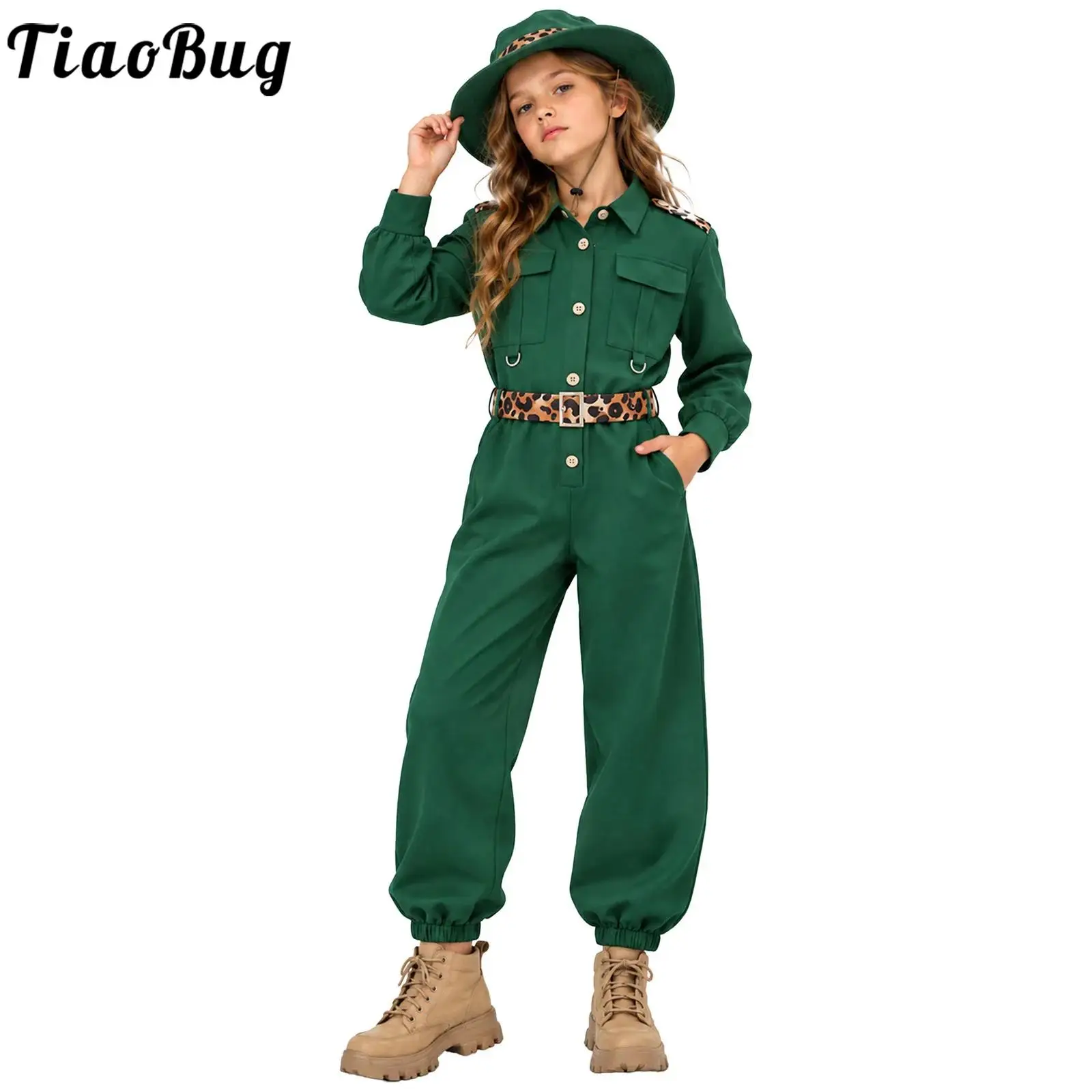 Kids Girls Jungle Explorer Zookeeper Costume Long Sleeve Button Cargo Jumpsuit with Leopard Print Belt Outdoor Zoo Keeper Outfit