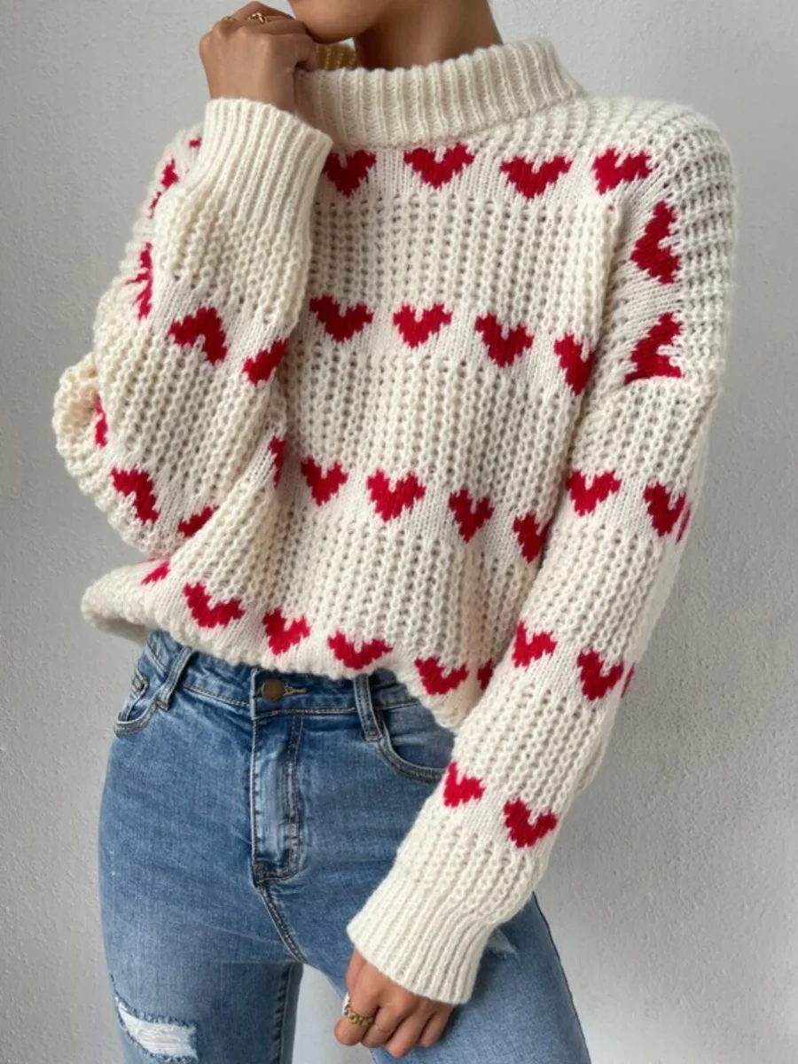 Heart O-neck Kintted Sweater Women Crochet Y2k Top Long Sleeve Pullovers Spring Autumn Winter Jumper Streetwear Sueter Mujer