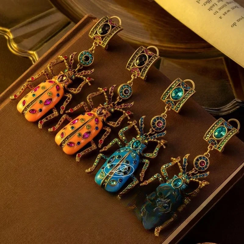 2026 New Vintage Beetle Rhinestone Earrings Retro Medieval Ethnic Style Elegant Women Ear Jewelry