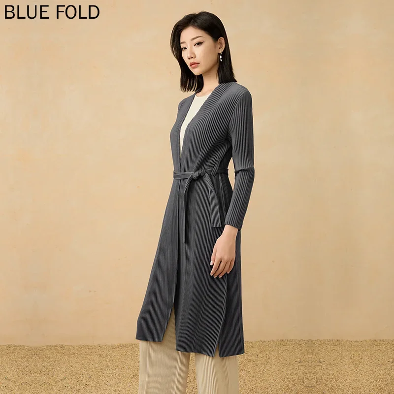 Miyake spring Autumn New High-grade Pleated Thick Fabric Elegant Temperament Fashion Long Trench Coat Lace-up Jacket Windbreaker