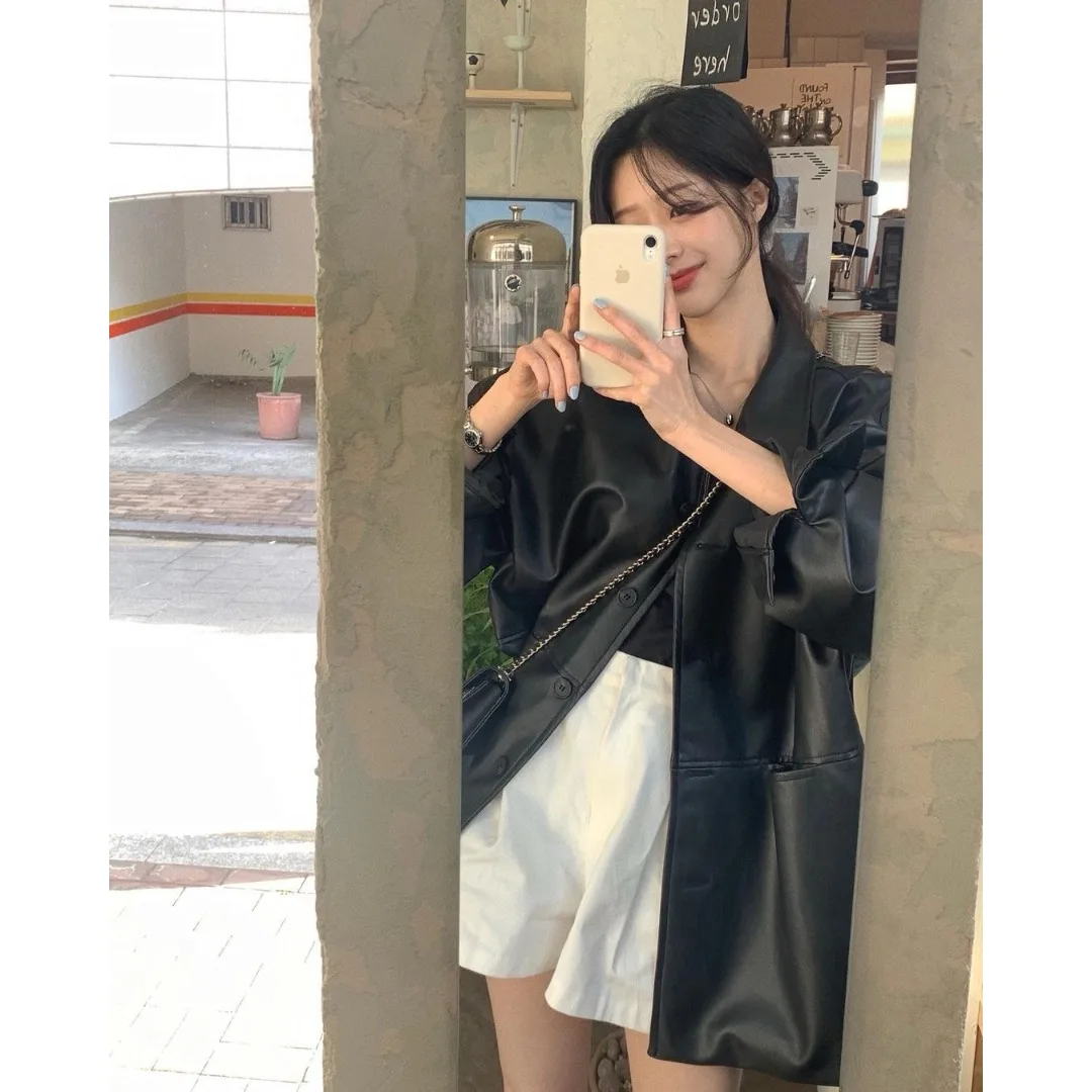 ملابس خارجية كاجوال فضفاضة طويلة من جلد البولي يوريثان Sve للسيدات أنيقة صيفية بياقة واقفة وزر واحد قابلة للتنفس لجميع المواسم