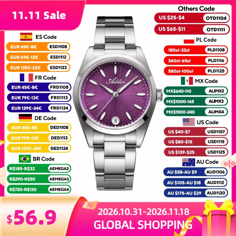ADDIES Top Brand Woman's Watch Sapphire Glass 31mm Women Steel Wristwatch Business 5Bar Waterproof Super Luminous Watches New