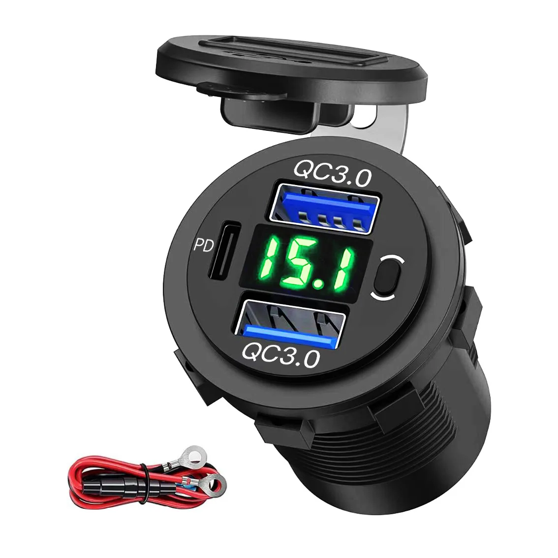 

Dual 18W QC3.0 Port & 20W PD Type-C Car Charger Socket Voltmeter Switch Car USB Port for Car Boat Marine Truck Golf RV