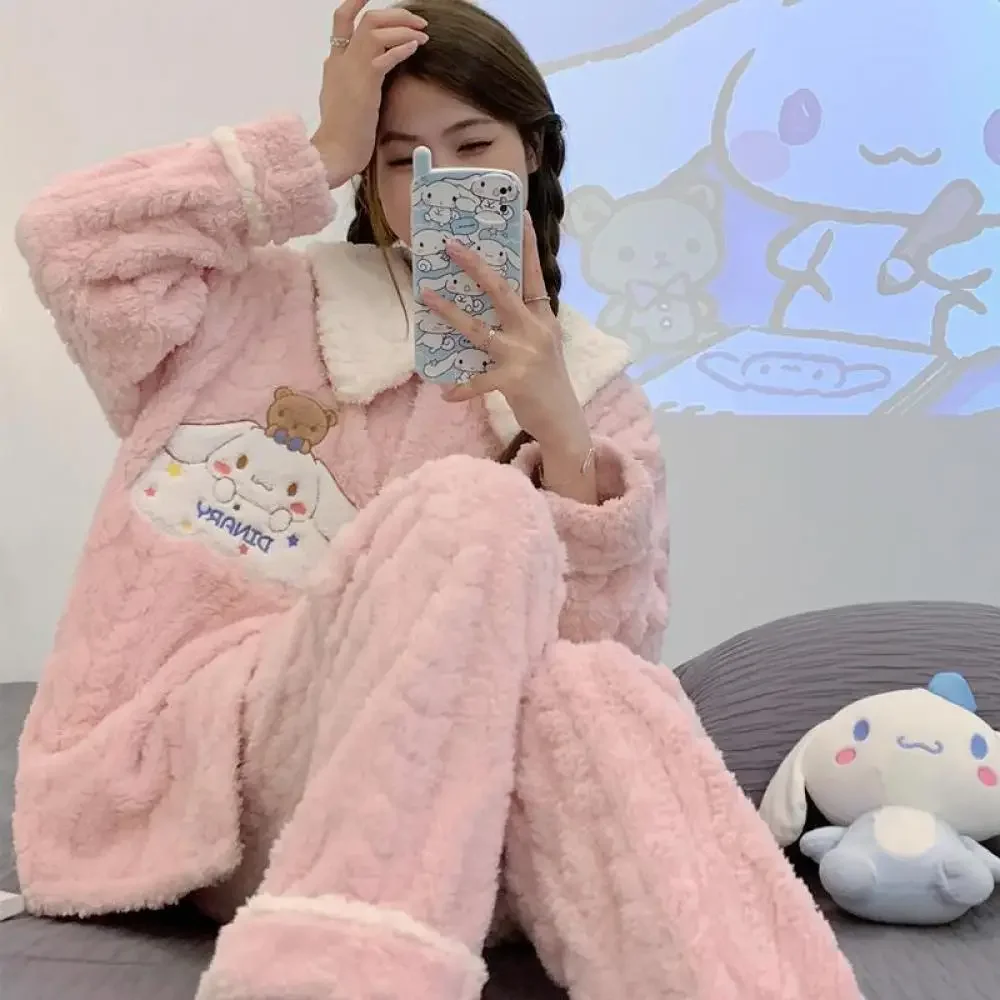 Kawaii Sanrioed Cinnamoroll Women\'s Pajama Set Anime Cute Coral Velvet Long Sleeve Thicken Warm Nightwear Autumn Winter Homewear