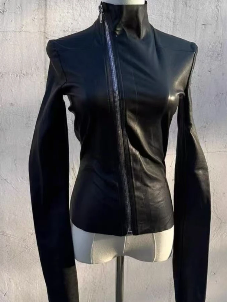 Black Slim Long Sleeve Hot Girl Leather Jacket Women Darkly Gothic Zipper Thin Skinny Coat Female Hepburn  Vintage Clothes