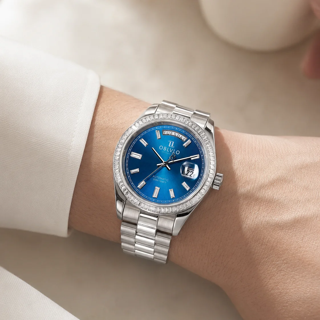 OBLVLO Men's Silver Case Blue Dial Automatic Watch Day-Date Display 50M Water Resistant Miyota 8215 Movement RX-DD-SD
