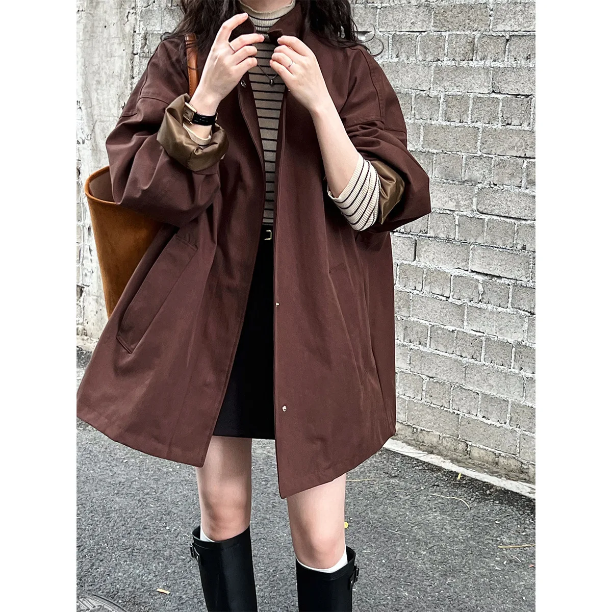 Women Fashion Khaki Trench Coat Single Button Stand Collar Midi Length Trench Coat Femme Casaco Abrigo Streetwear