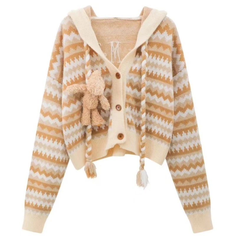 

Autumn and winter retro knitted cardigan contrasting color sweater for women three-dimensional bear hooded long-sleeved jacket