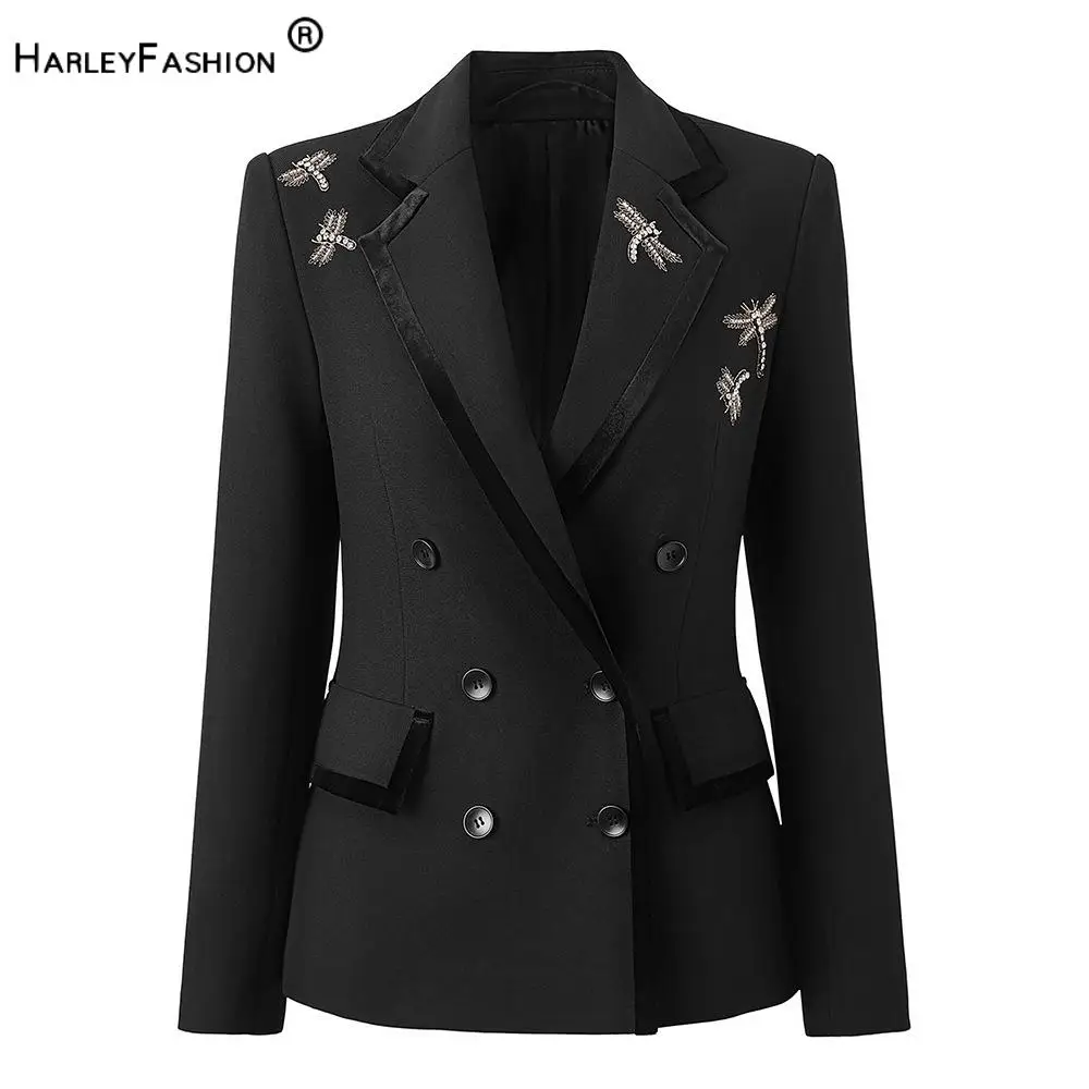 Blazer de retales de terciopelo ajustado con doble botonadura para mujer, ropa de oficina con diamantes de imitación y bordado de alta calidad