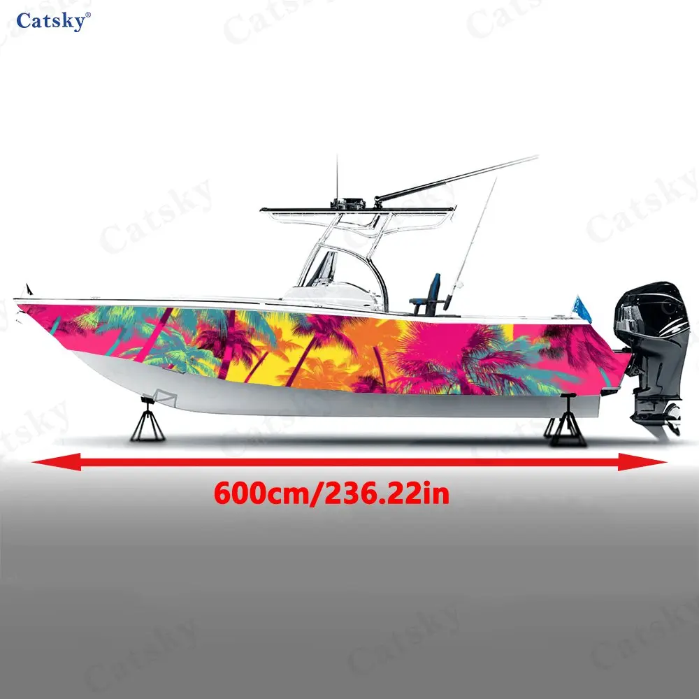 Neon Contrast Color Palm Grove Boat Stickers, PVC Waterproof Vinyl Wrap Decals for Fishing Boats, Durable and Stylish Design