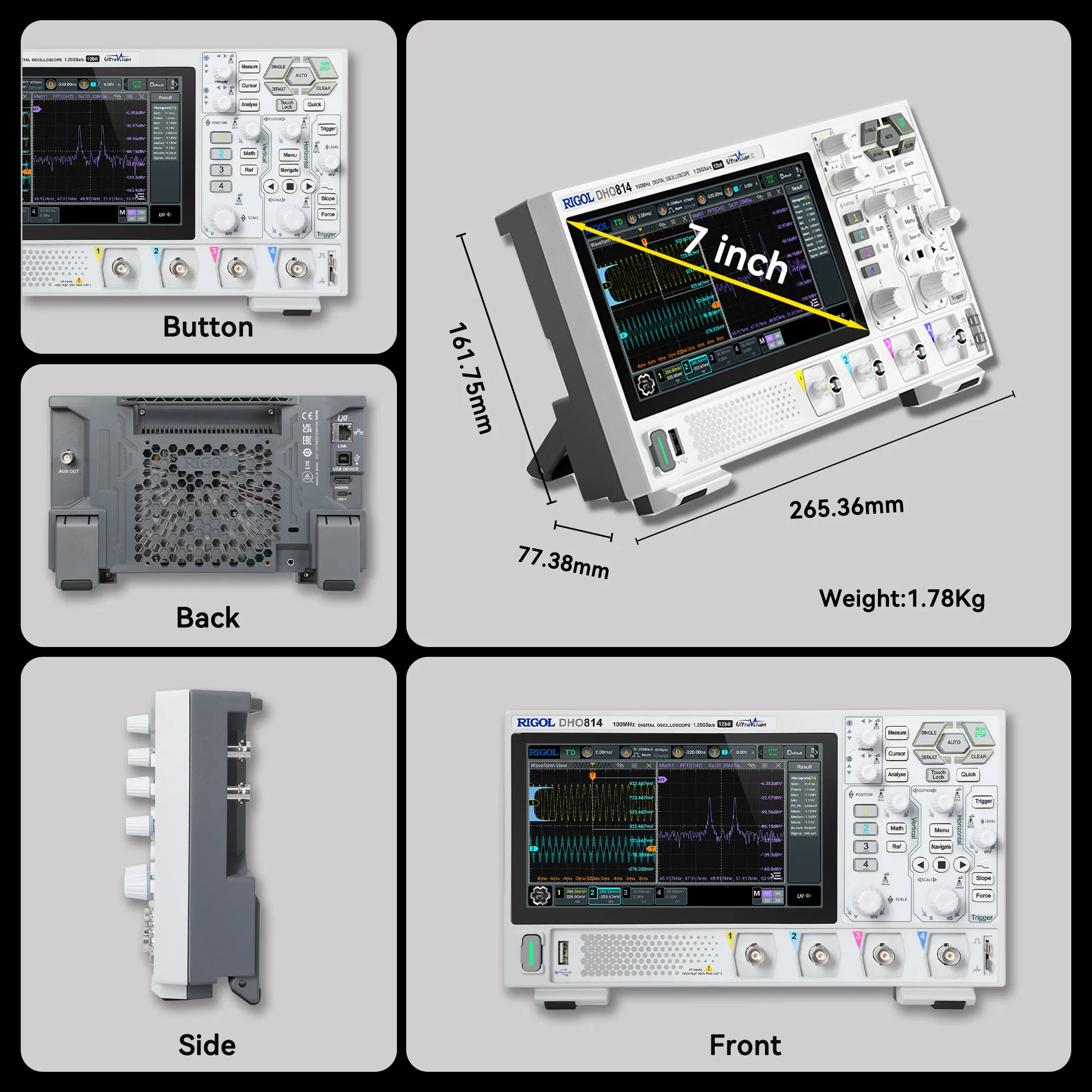 RIGOL DHO800 Series Digital Oscilloscopes Portable,70-100MHz,1.25G Sa/s, type-c Power Supply, DHO802/DHO804/DHO812/DHO814