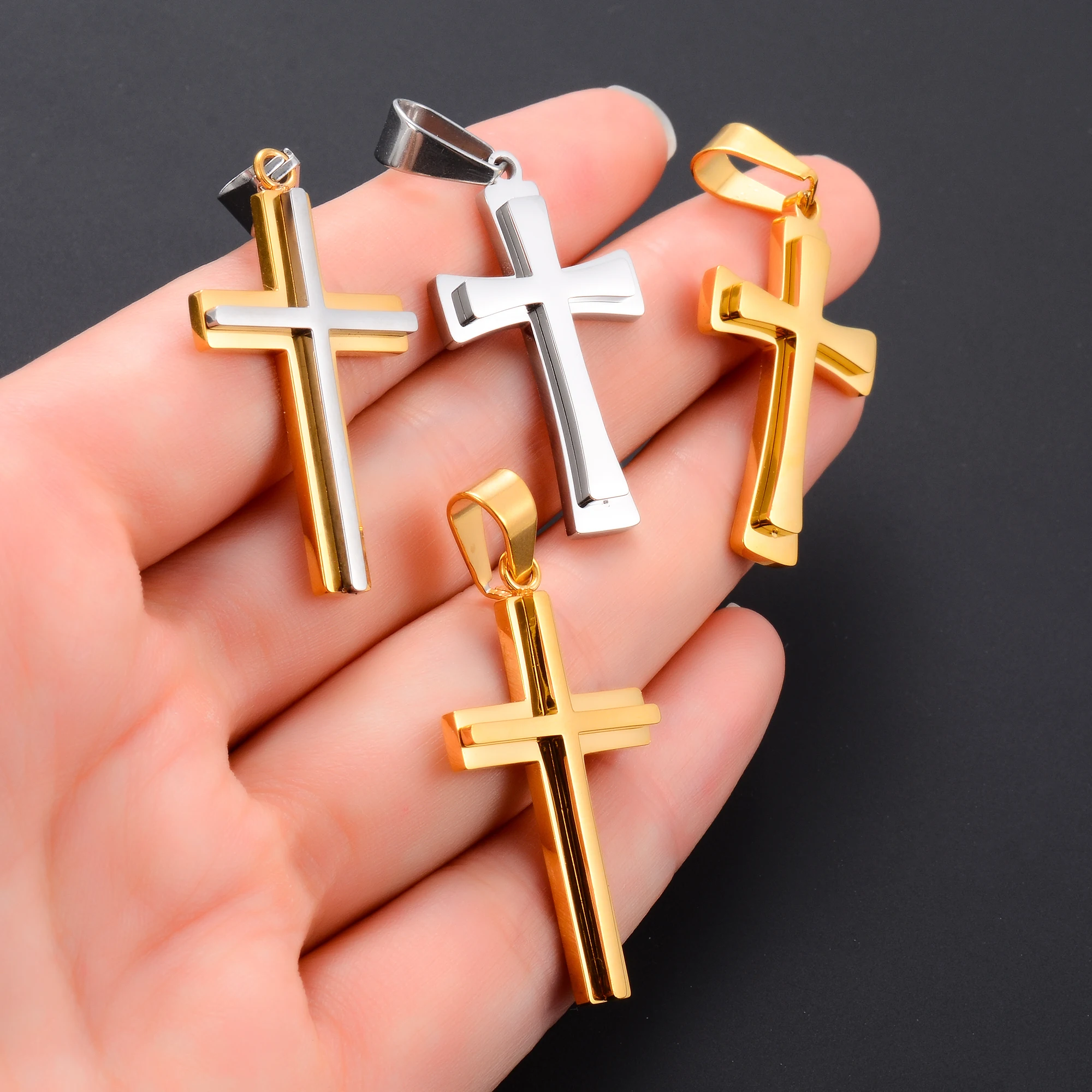 Edelstahl Doppelkreuz Anhänger Halskette für Frauen Männer Gebet Christian Charms Kette Halsband Metall Schmuck Zubehör Geschenk