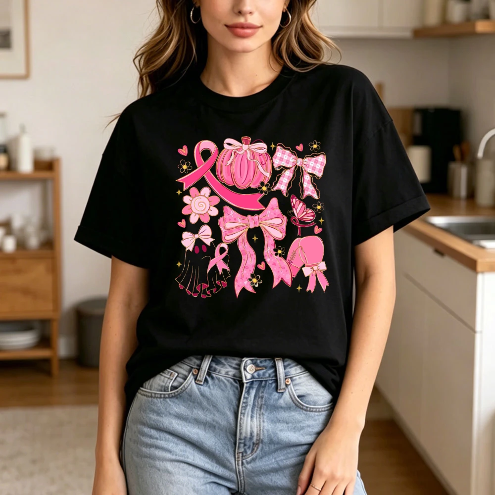 Coquette Bow Pumpkin Pink Ribbon Collage Graphic Women Summer Cotton T Shirt Breast Cancer Awareness Vintage Short Sleeve Tee