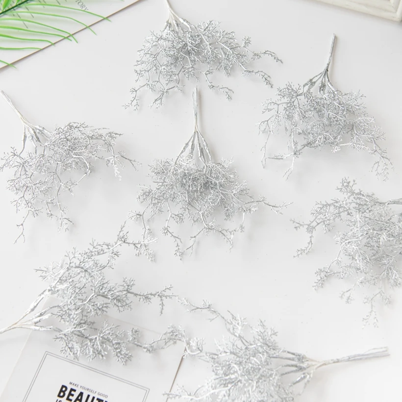 Artificial Golden Prateado Branch para árvore de Natal, planta falsa, Acessório Grinalda, Home Varanda, Layout Paisagem, Decoração do casamento, 6pcs