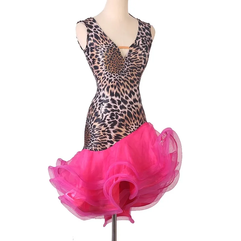 Robe de danse latine à col en v pour femmes, jupe à bretelles professionnelle, léopard, jupe de danse carrée en trois étapes, rumba samba cha-cha