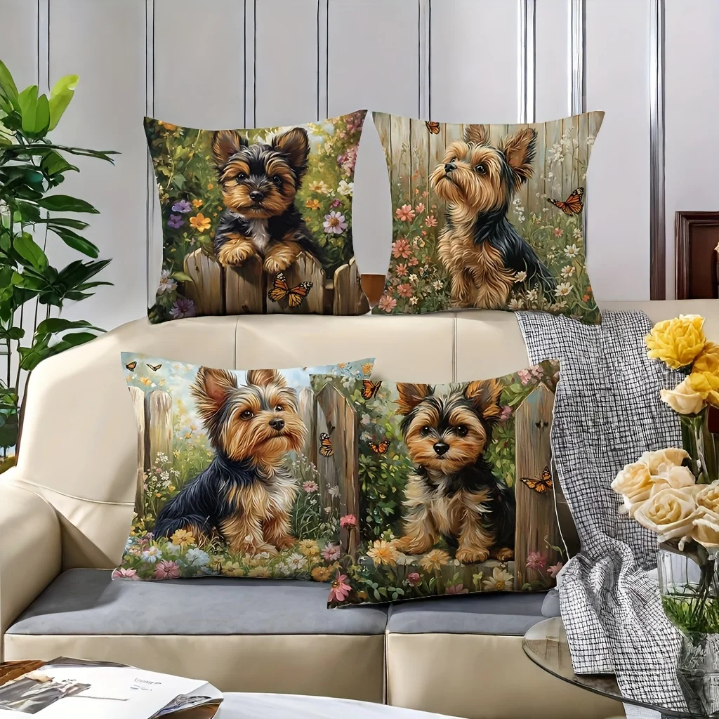 4Pcs Yorkshire Terrier Pillow Covers 45x45cm Double-sided Printed Puppy Dog Cushion Cases Floral Garden Home Decor Throw Pillows