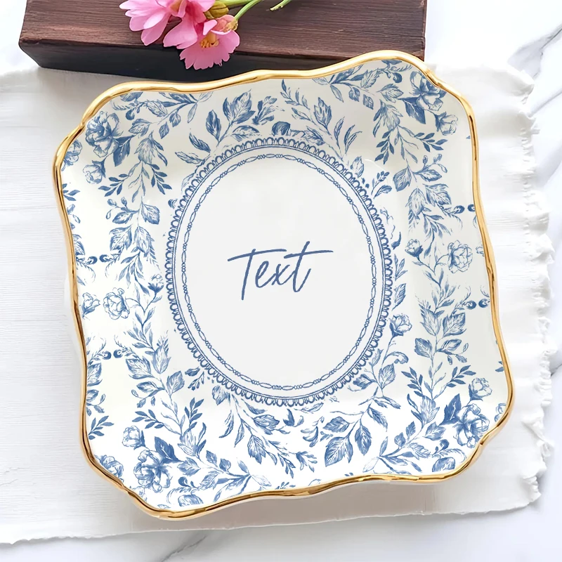 Personalized Text Jewelry Trinket Toile De Jouy Pattern Dish Plate Gift for Couple Wedding Gift Bride Engagement Gift for Women