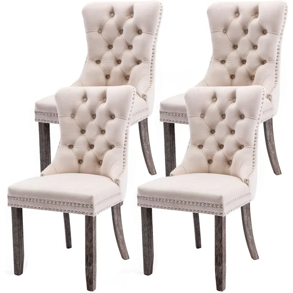 

Upholstered Dining Chairs Set of 4, Velvet Tufted Dining Chairs with Nailhead Back and Ring Pull Trim