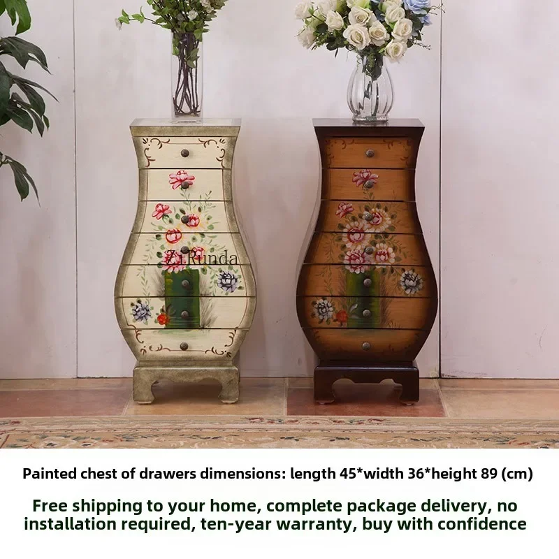 ** Armário americano retrô tradicional de madeira maciça com sete gavetas, cozinha, sala de estar, vaso de armazenamento decorativo