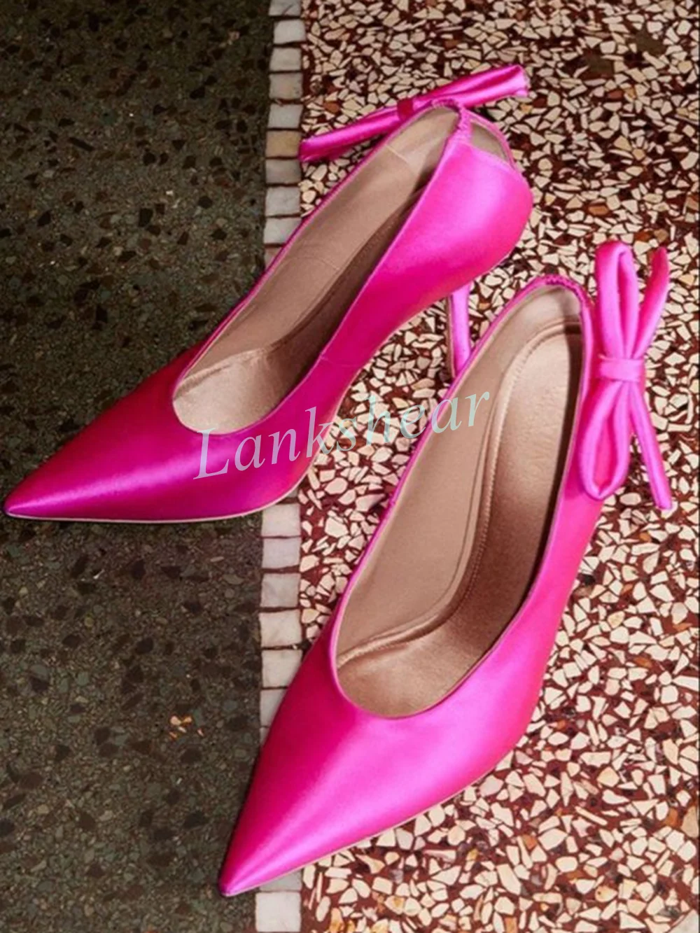 

Mini Satin Bow Decor Shallow Pumps Hot Pink Pointed Toe Stiletto High Heels Backless Women's Club Evening Party Shoes Slip On