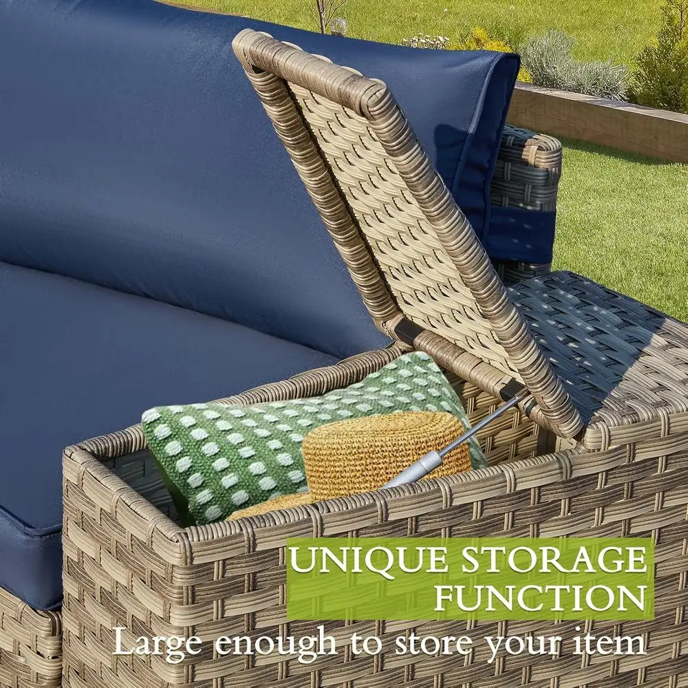 Blue 7-Piece Curved Wicker Rattan Outdoor Patio Sectional | Hal-Moon Contion Set, 2 Storage Armrests, Circle Glass Table, All-We