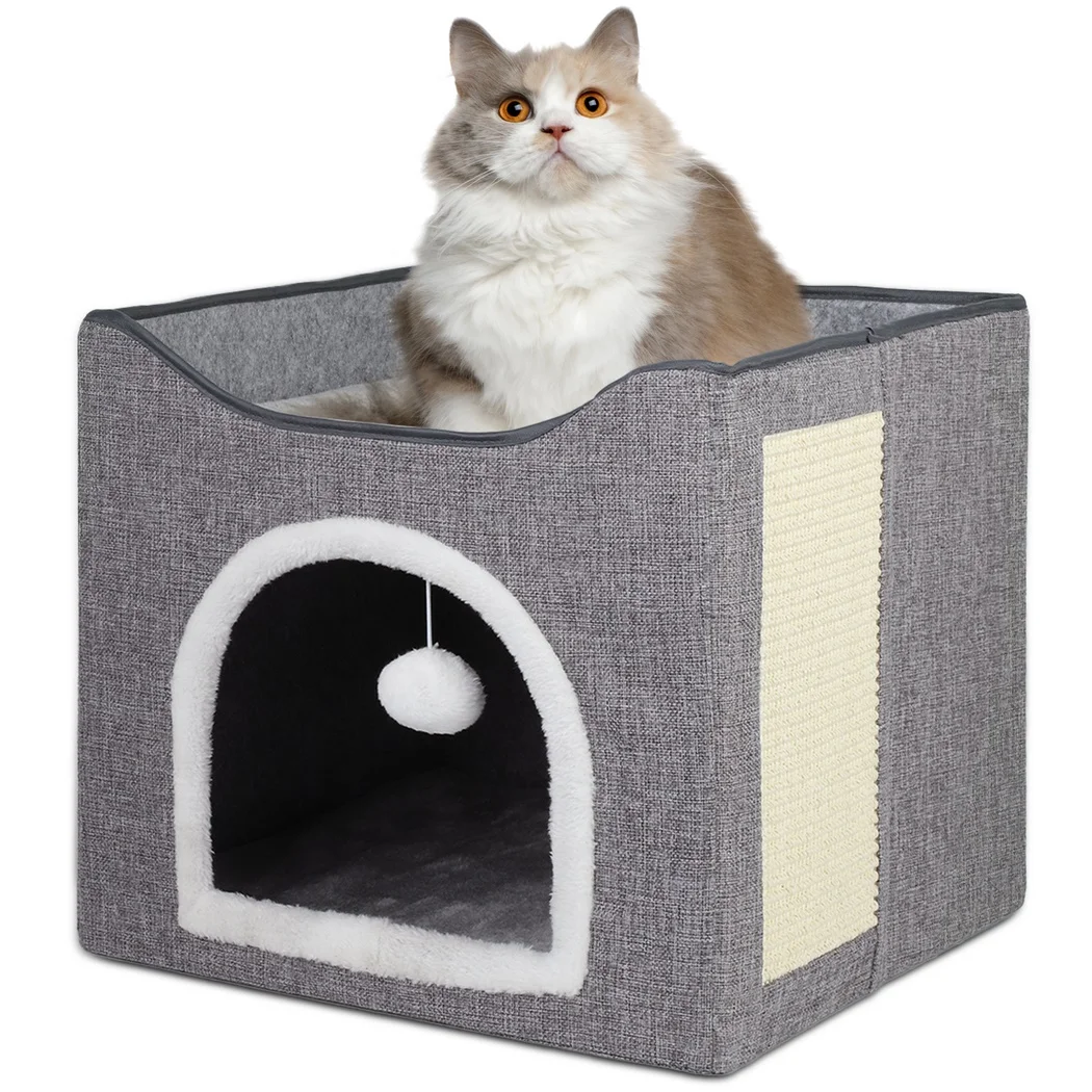 

Cat Bed For Indoor Cats Folding Pet Cat House With 2 Plush Cushions Square Cat Cave With Scratching Board Ball Cat Caved Bed