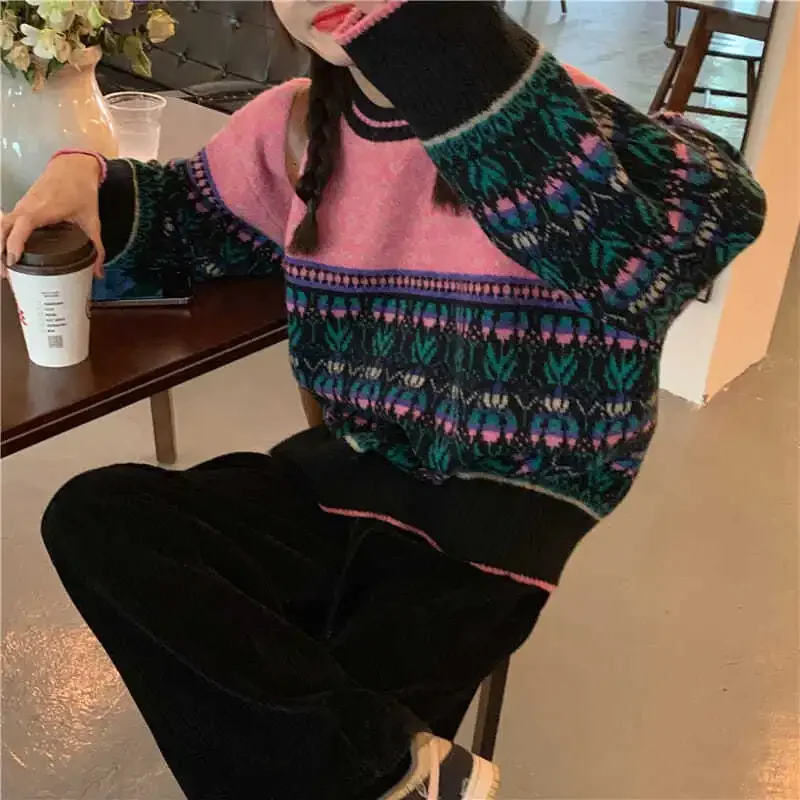 Sweater Women Spring Autumn Winter 2023 New Korean Vintage O-neck Sweet Full Print Loose Girls Sweater