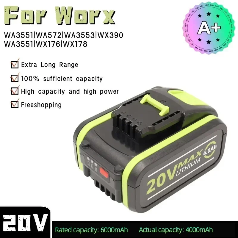 

Сменный литий-ионный аккумулятор Worx 20 В, 4000 мАч WA3551 WA3551.1 WA3553 WA3641 WX373 WX390, аккумуляторная батарея, инструмент