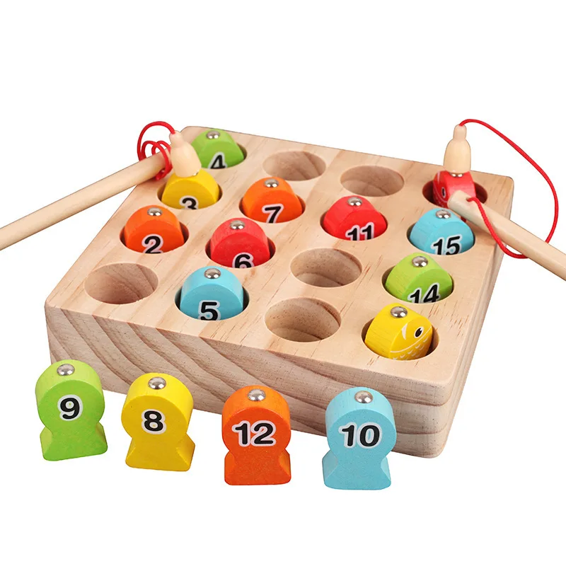 Wooden Magnetic Digital Fishing Game for Children's Fun Insect Catching and Fishing Music Toy Fishing Rod 15 Small Fish Blocks