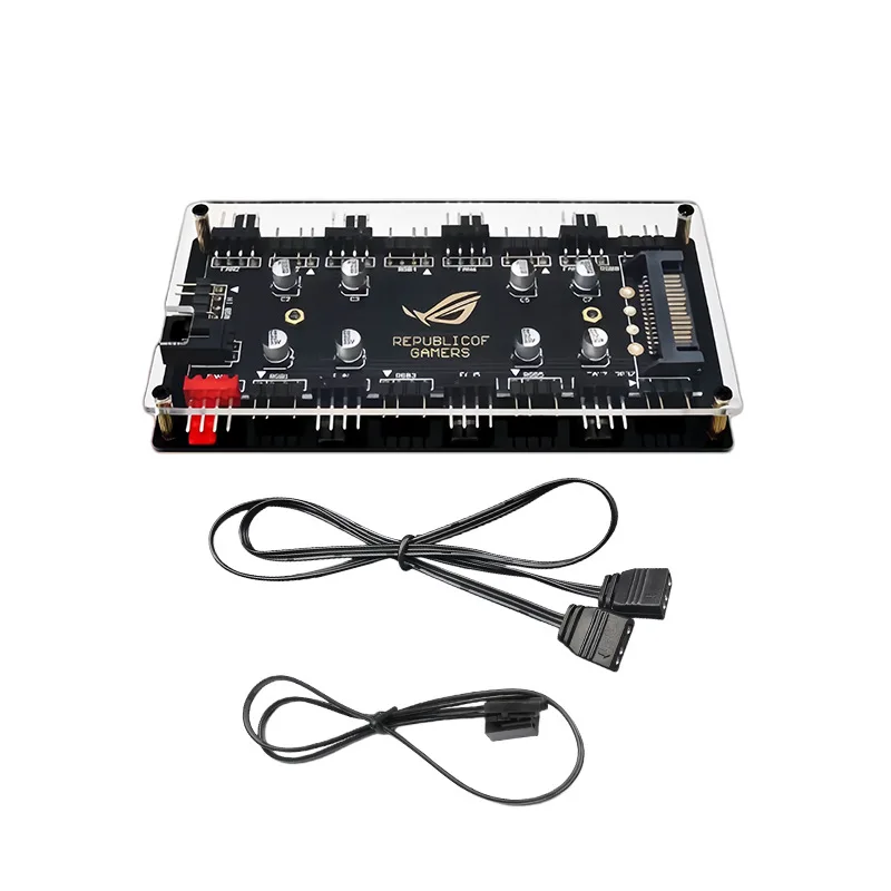 

8-портовый ARGB PWM контроллер для вентиляторов, 5V 3-контактный ARGB контроллер, 4-контактный PWM сплиттер для вентиляторов, питание от SATA, хаб для охлаждения ПК с синхронизацией подсветки корпуса