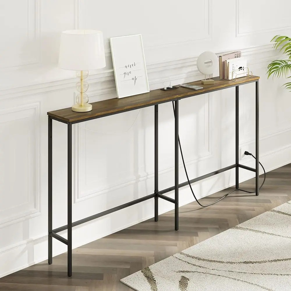 

63 Inch ole Table with Power Outlet,ern Narrow Long Soa Table Behind Couch,Skinny Entry Table with Black Metal e or Entryway