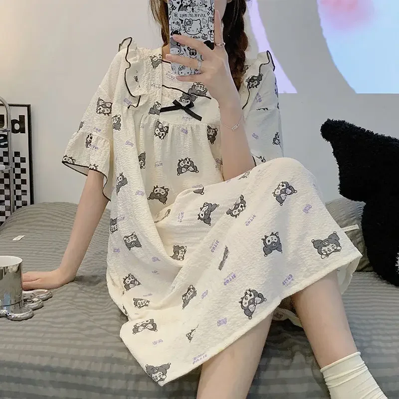 Sanrio Kuromi cartoon cute kawaii summer women\'s Internet celebrity style home wear large size short-sleeved dress nightgown