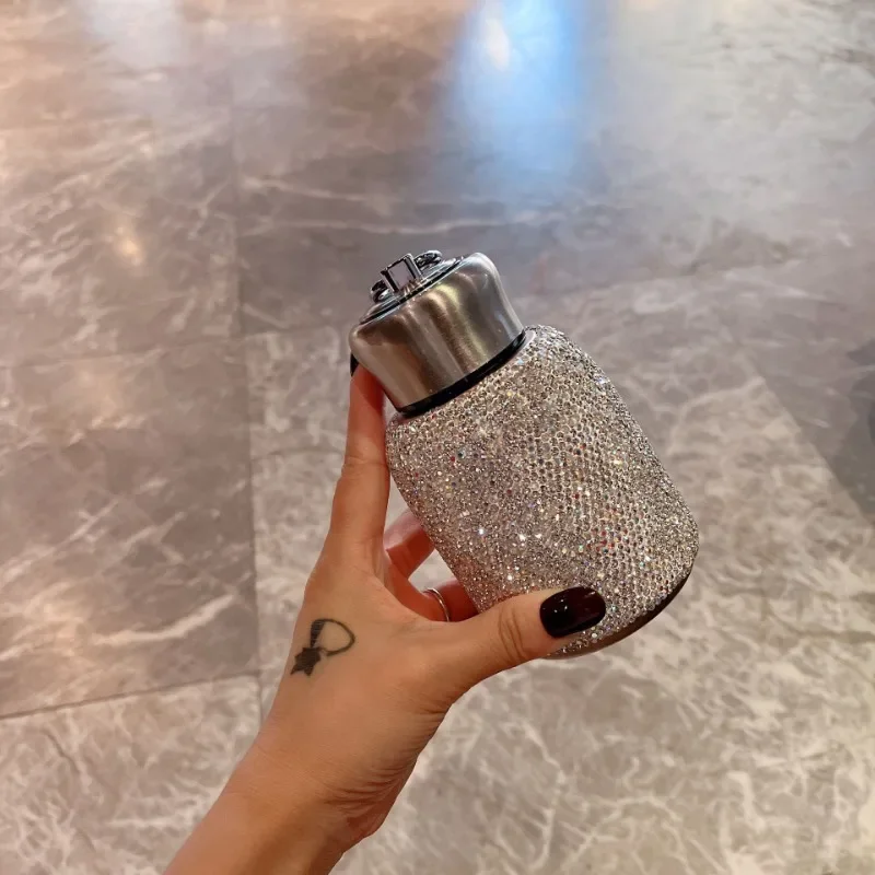 Luxury Diamond Studded Insulated Cup Portable Stainless Steel Hand Held Large Belly Cup Women Accessories Holiday Gift Wholesale