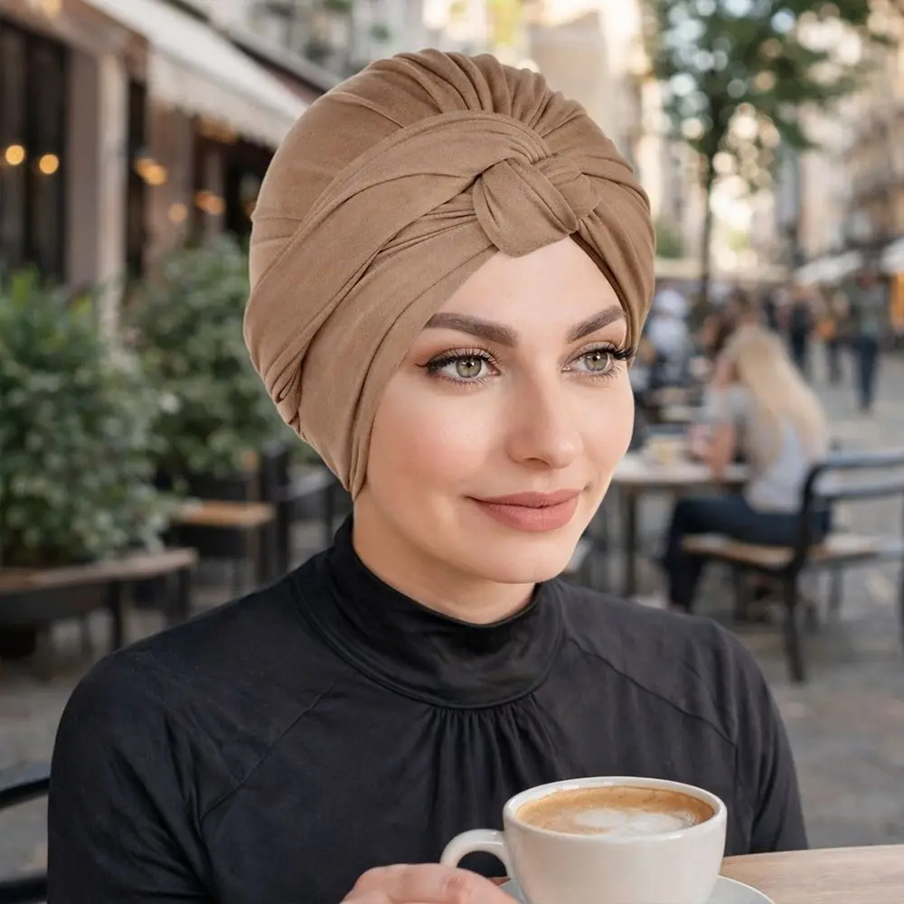 New Vintage Hijab Caps Elastic Wrap Style Twist Knot Turban Hat Soft Polyester Breathable Islamic Headband Hair Loss