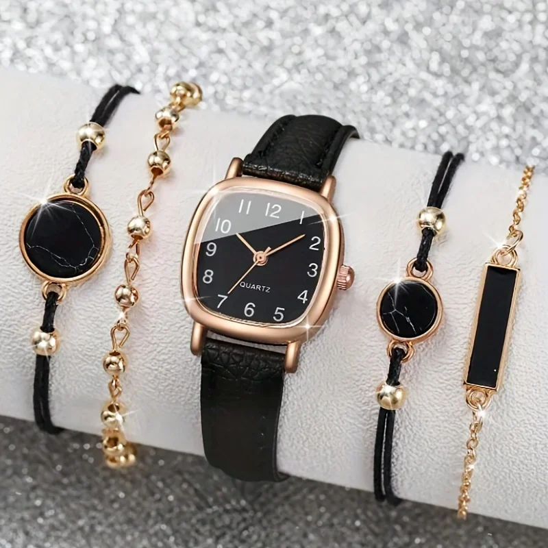 Tonneau Pointer Quartz Watch Fashion Analog PU Leather Wrist Watch & 4pcs Marble Pattern Bracelet, Gift For Women Her