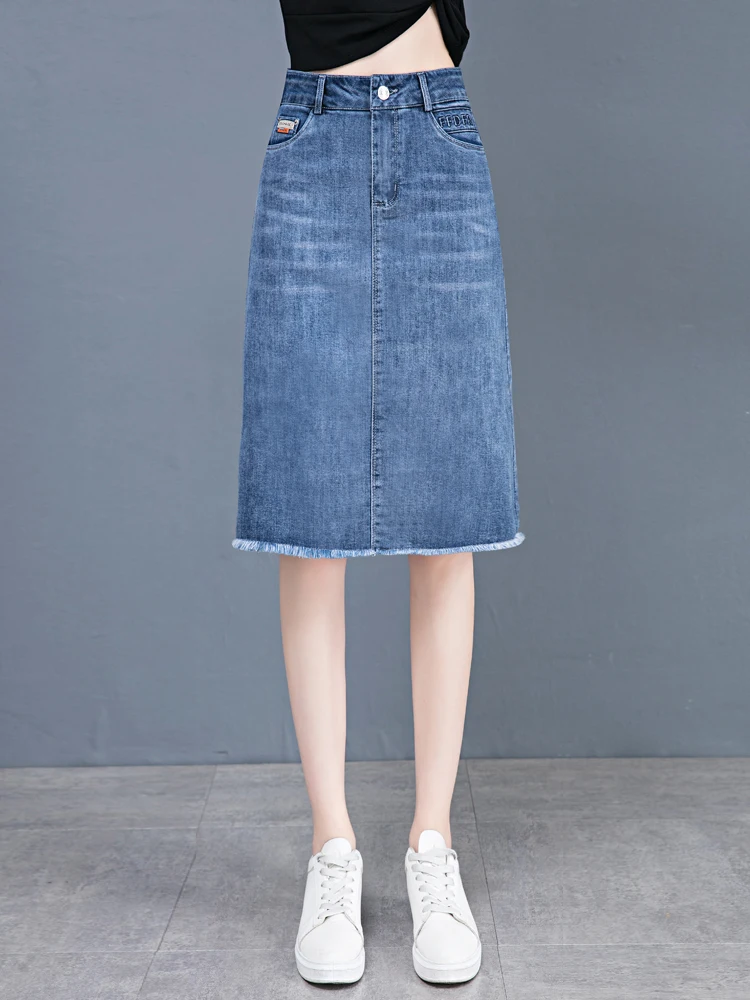 

Юбка А-силуэта с высокой талией, женская летняя джинсовая юбка с рваными краями, облегающая, в корейском стиле, дышащая, приятная для кожи