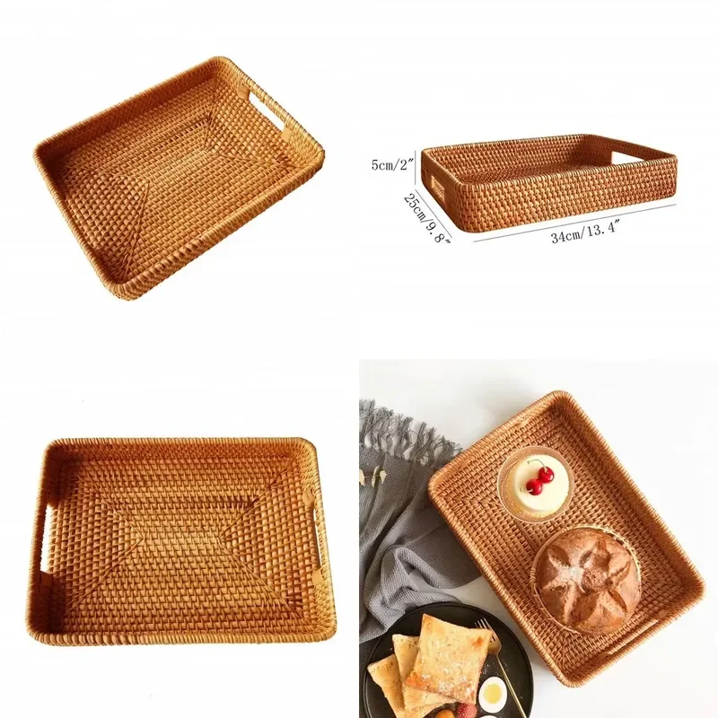 Natural Rattan Wicker Decorative Basket Round Woven Bamboo Plate with Handle for Beach Vegetables Storage Cute Home Decor